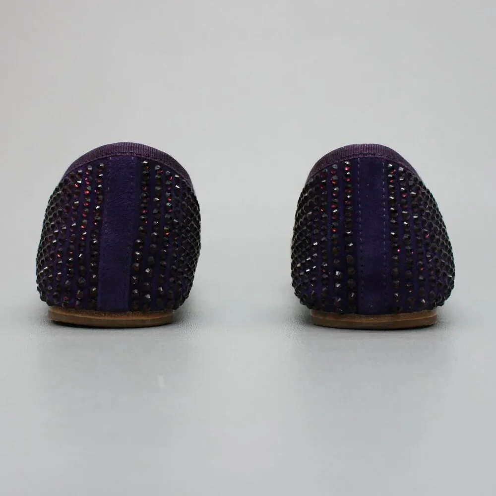 Tory Burch Ladies 10 Purple Suede Leather Crystals Strass Bow Ballet Shoes Flats - Picture 3 of 12